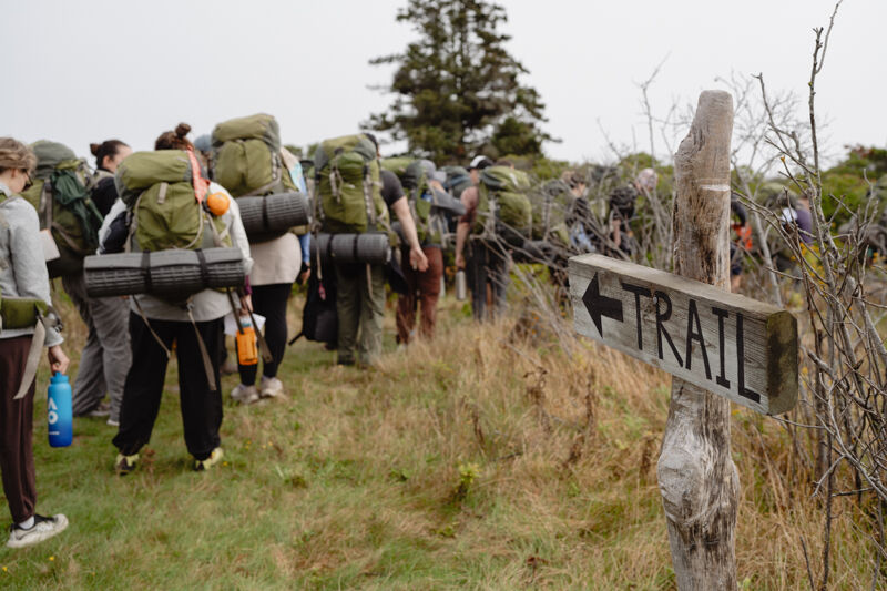 The image shows a group of people with backpacks hiking on a trail. A wooden sign points the way. The hikers are walking through tall grass. The scene suggests an outdoor adventure or a camping trip. The weather appears to be cloudy.